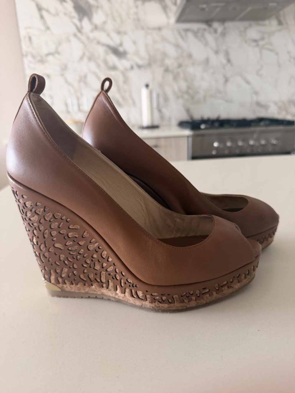 Jimmy Choo Brown Leather Peep Toe Cork Wedge Pumps EU 38 - Picture 2 of 4